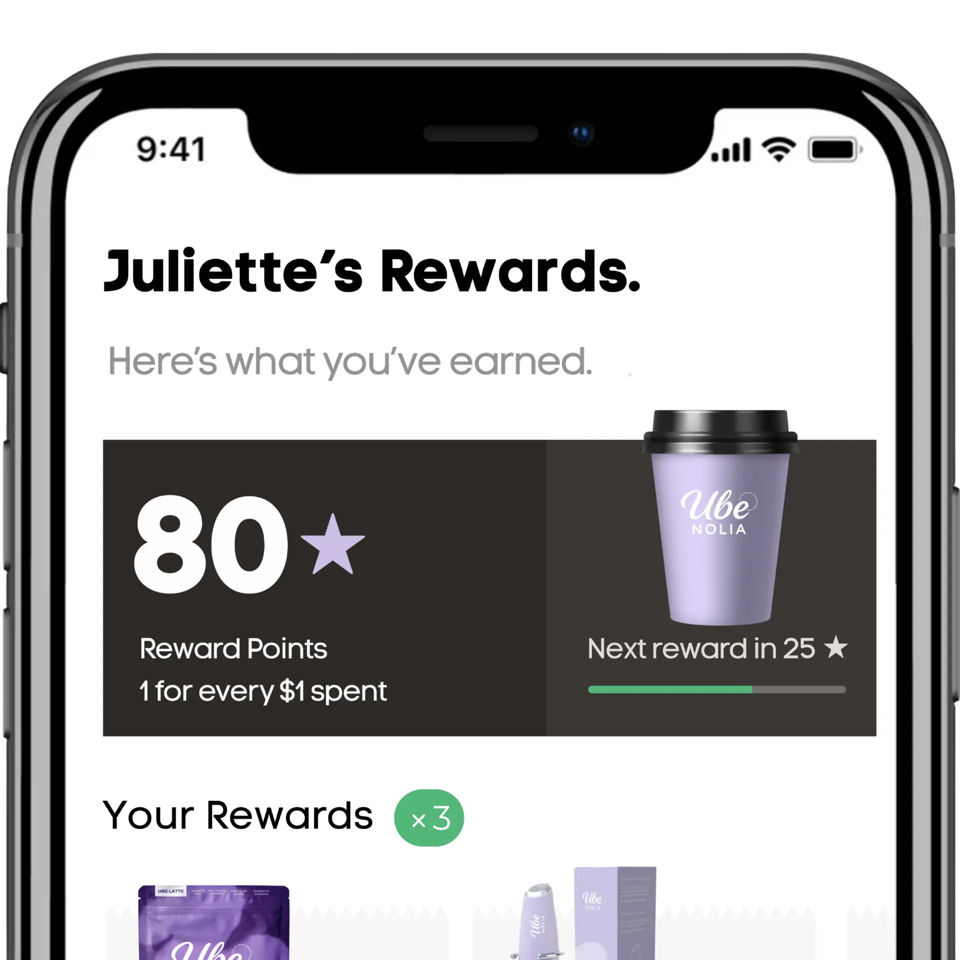 Ube Nolia Rewards -sovellus, jossa näkyvät ube-jauheen kanta-asiakaspisteet ja edut