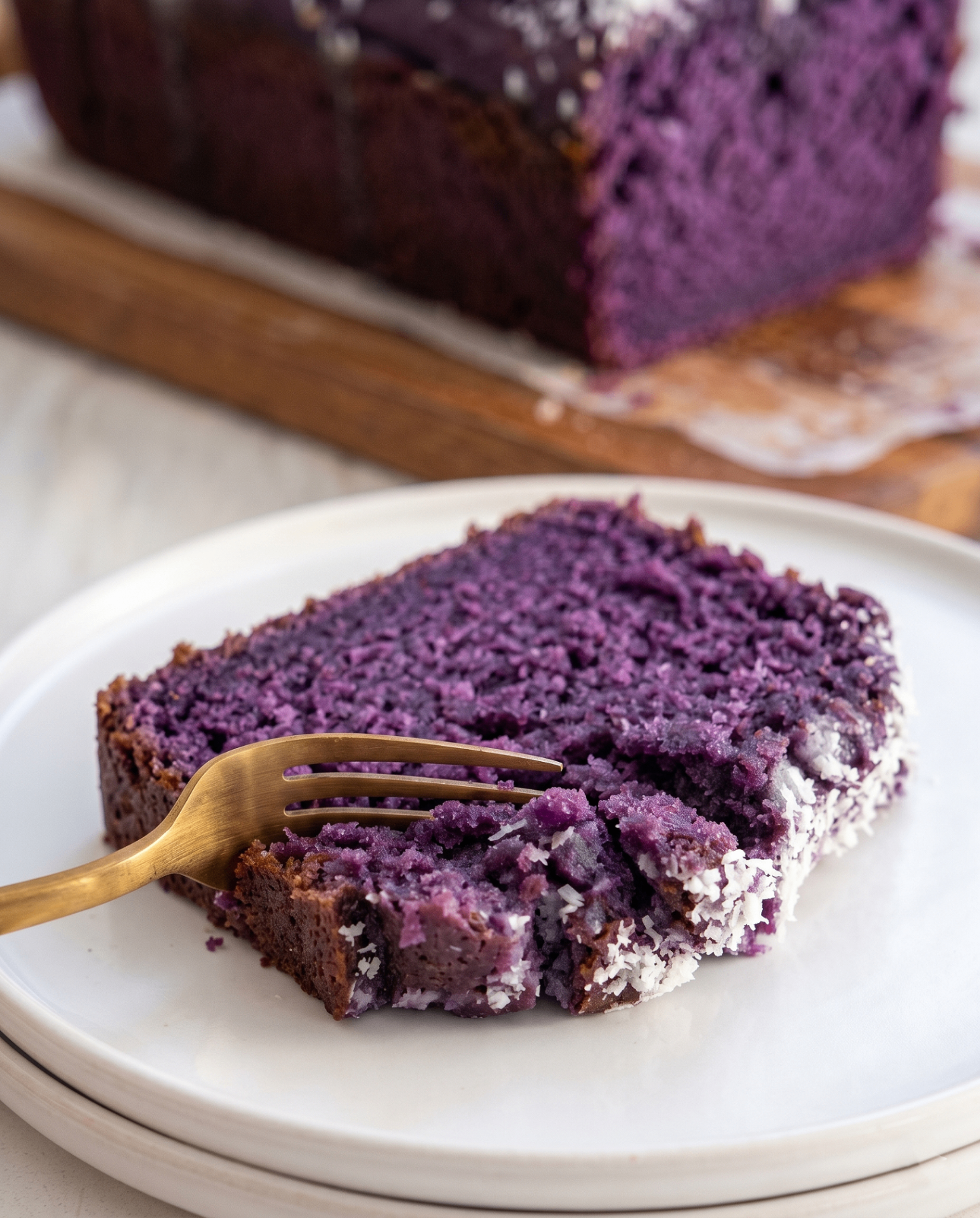 Ube Coconut Loaf Cake: Mehevä purppurakakku lumisella kookoskuorrutteella