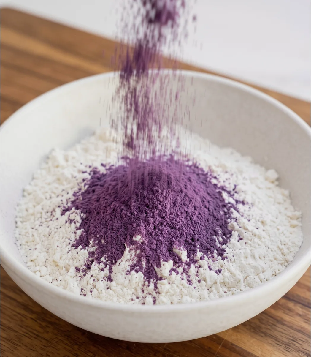 Ube Nolia purple ubejauhe being sifted into a bowl of white flour for ube coconut loaf cake