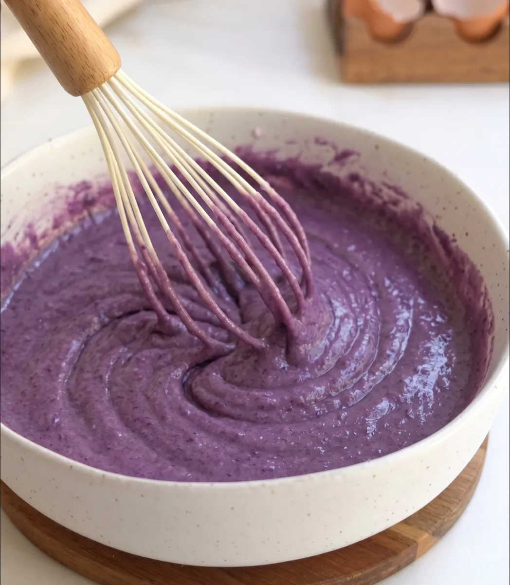 Sileää purppuraa ube-kookoskakun taikinaa vatkataan kulhossa Ube Nolia -leipäkakun valmistusta varten
