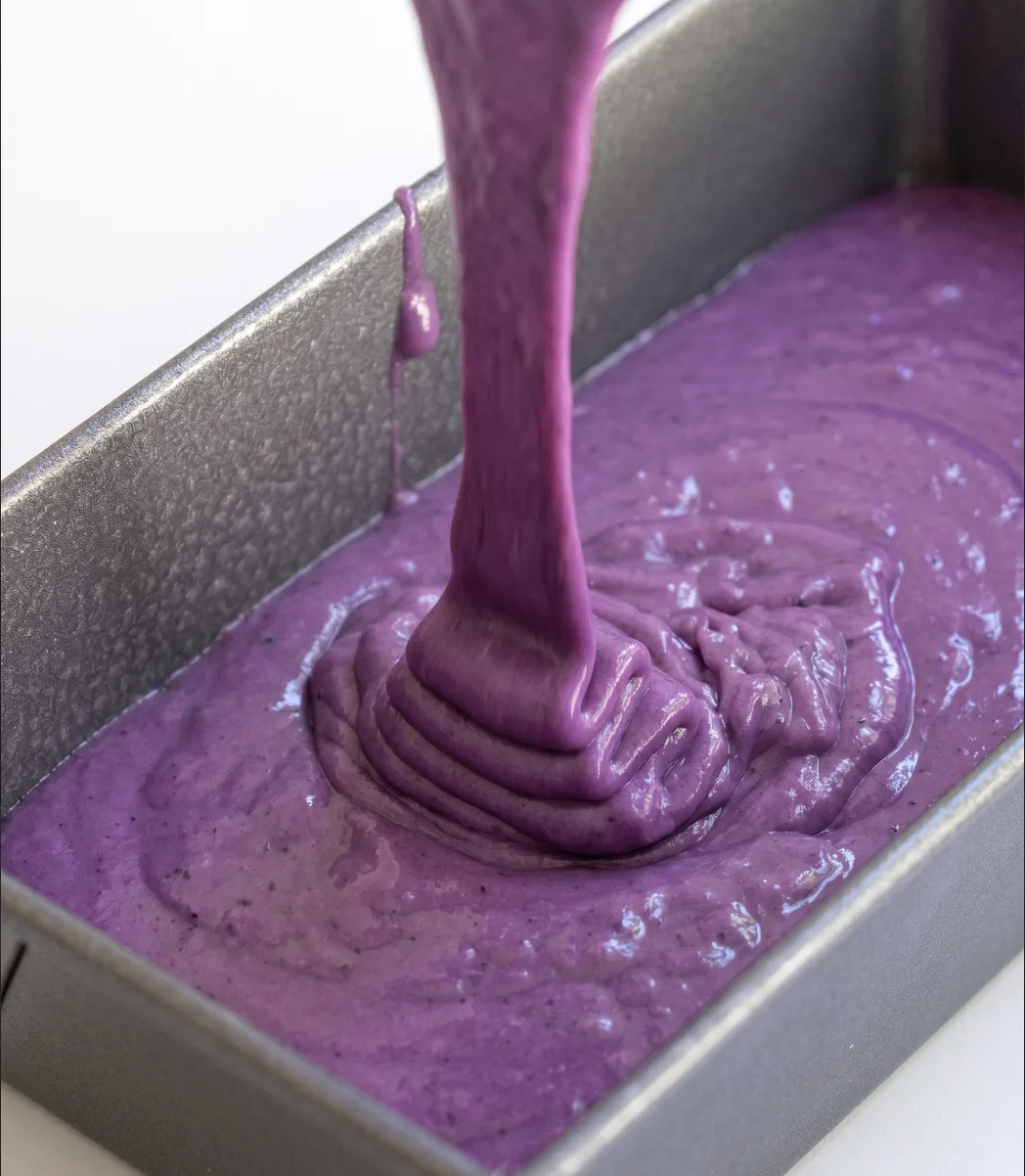 Purppuraa ube-kookosleipäkakun taikinaa kaadetaan metalliseen leipävuokaan Ube Nolia -reseptiä varten