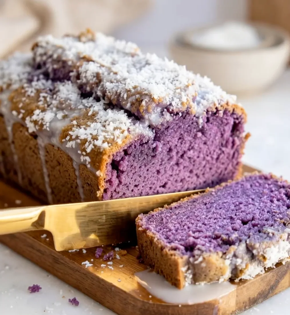 Viipaloitu purppura ube-kookosleipäkakku puulaudalla valkoisella kookospäällisellä ja kultaisella veitsellä, Ube Nolia -resepti