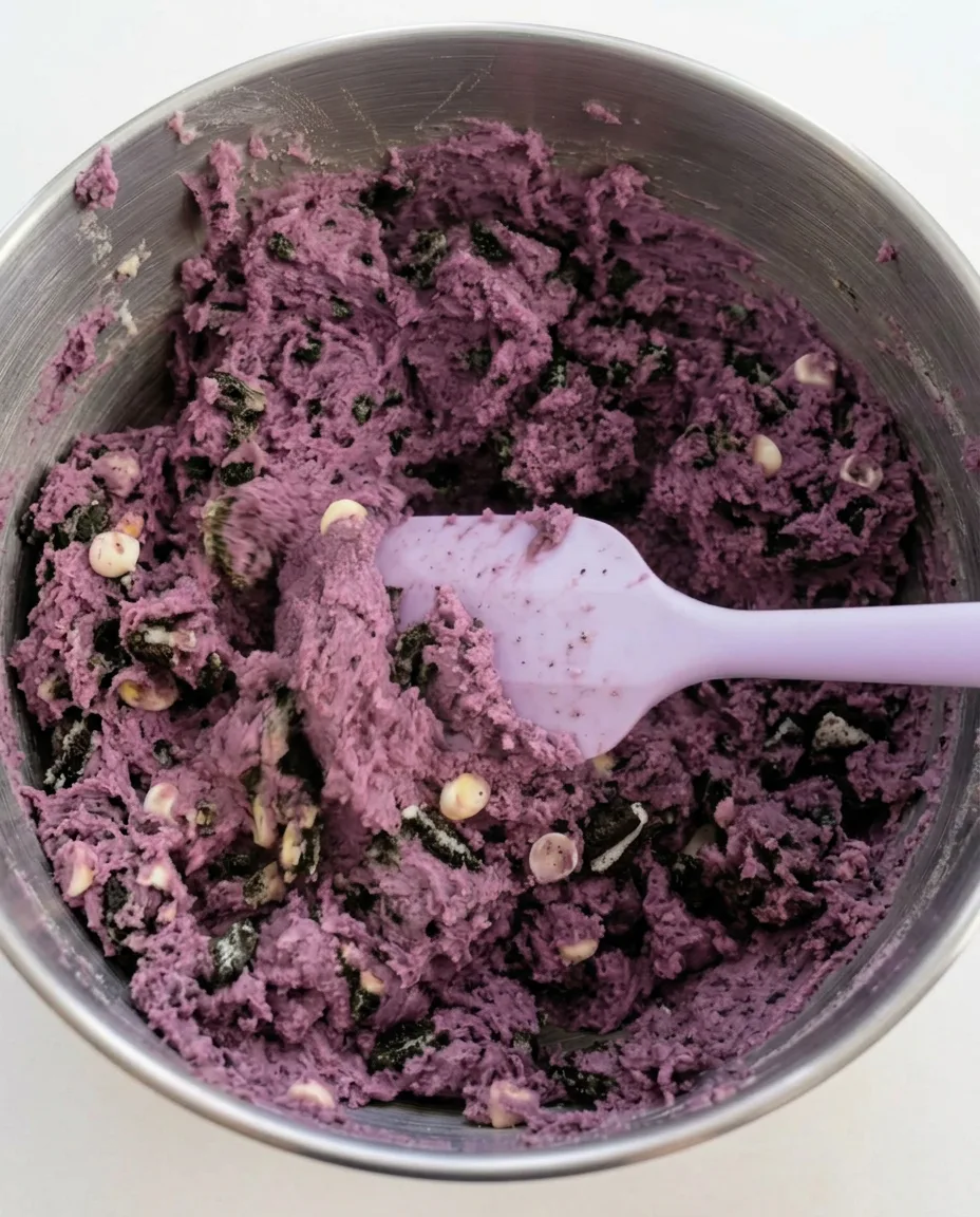 Ube Oreo -keksitaikina New York -tyyliin valkosuklaapalojen ja murskattujen Oreo-palojen kanssa sekoituskulhossa