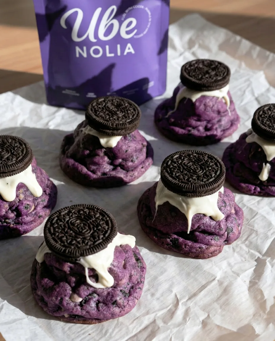 Parhaat Ube Oreo -keksit – Ube Oreo paksut New York -tyyliset keksit ubejauhe -pussilla ja valkosuklaata valuen | Ube Nolia