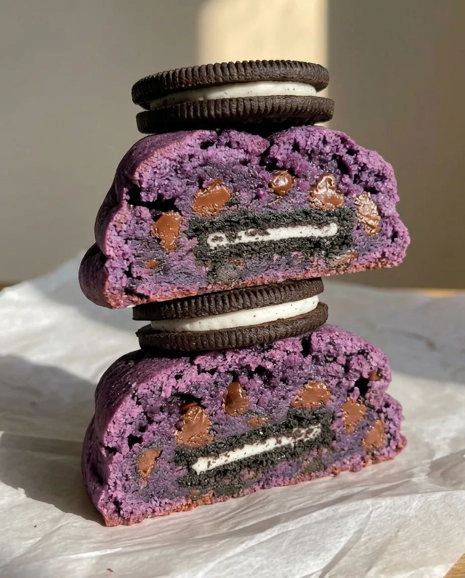 Parhaat Ube Oreo -keksit – Poikkileikkaus pinotuista ube Oreo New York -tyylisistä kekseistä, jotka näyttävät koko Oreon keskustan, valkoisen | Ube Nolia