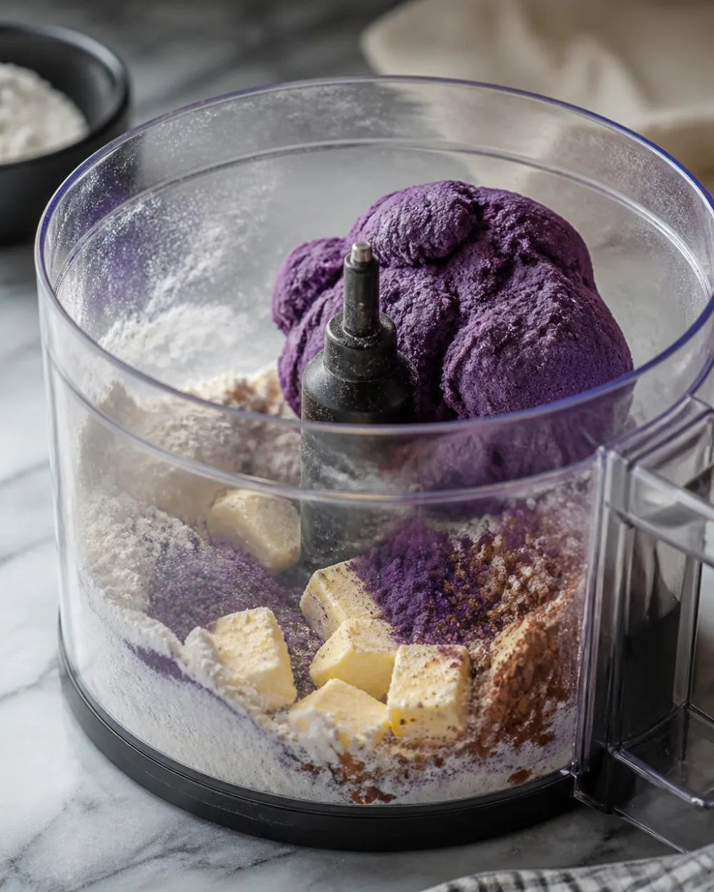 Ube Oreo -keksitaikina – violetti taikina monitoimikoneessa ubejauhein, jauhojen, kaakaon ja voin kanssa | Ube Nolia