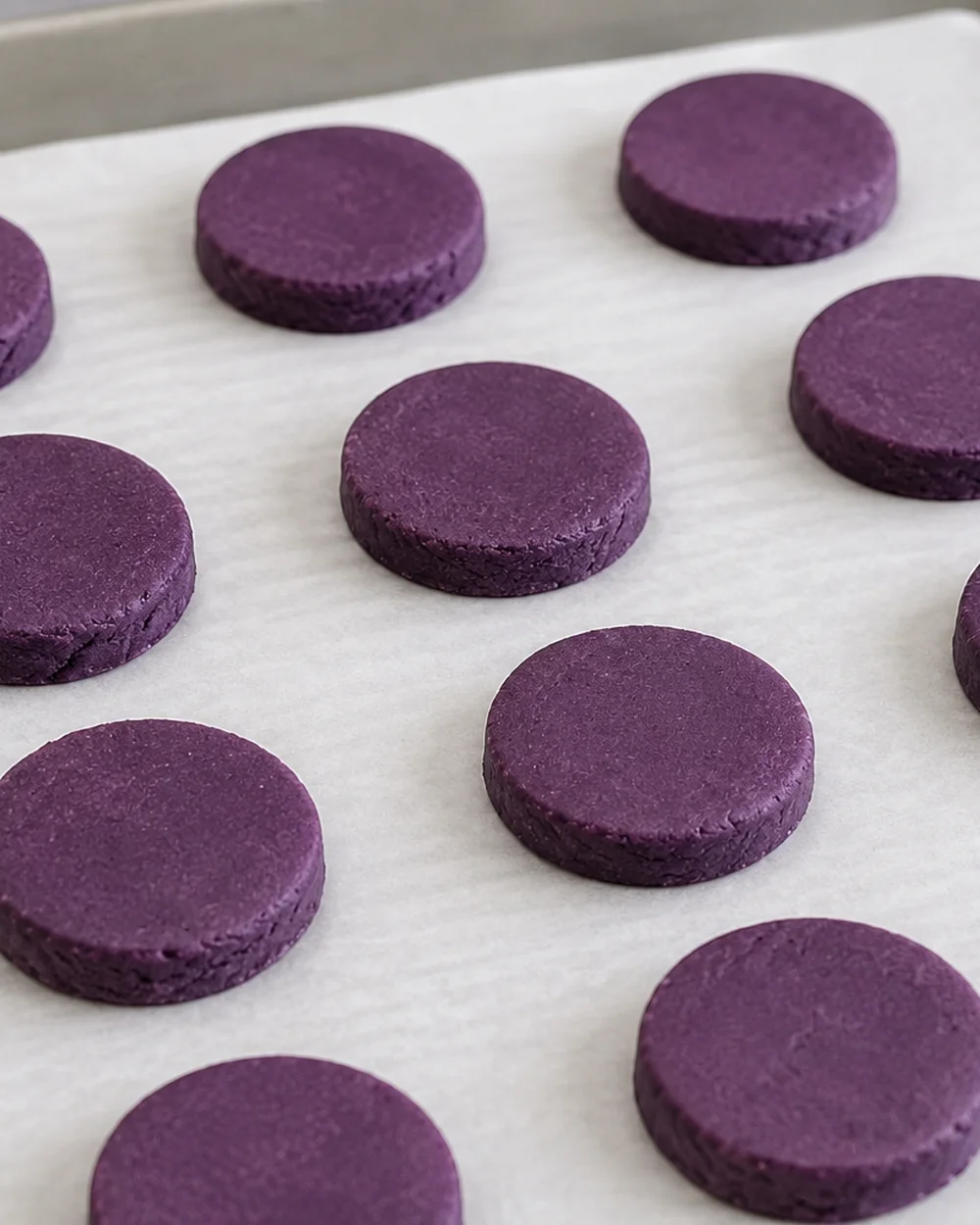 Ube Oreo -vohvelit – kädet painavat purppuraa ube-taikinaa ohuiksi 3 mm pyöreiksi leivinpaperille | Ube Nolia