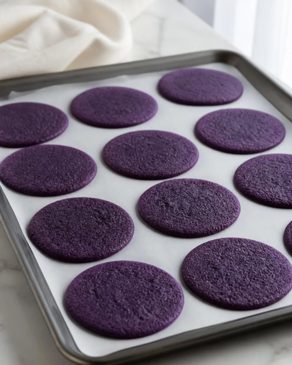 Paistetut ube Oreo -vohvelit – purppurat ube-keksilevyt jäähtymässä uunipellillä | Ube Nolia