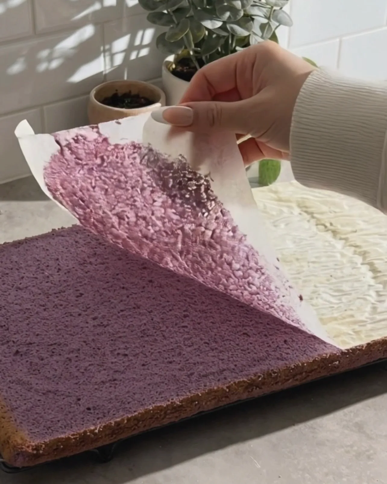 Leivinpaperin irrottaminen juuri paistetusta purppuranvärisestä ube-sifonikakkuarkista Ube Nolia -brändiltä
