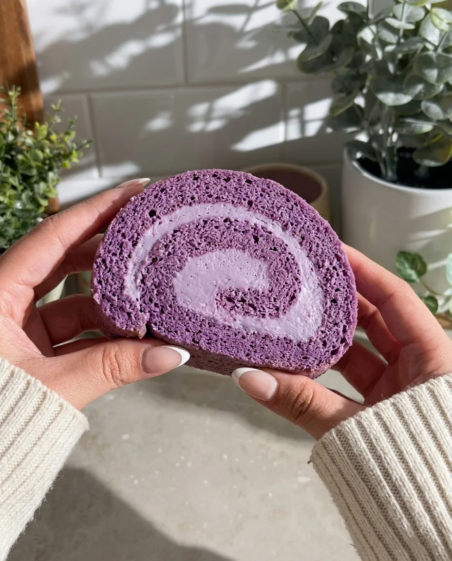 Kädet pitelevät täydellisesti viipaloitua ube-rullakakkua, joka näyttää violetin spiraalin ja kermatäytteen Ube Nolia -brändiltä